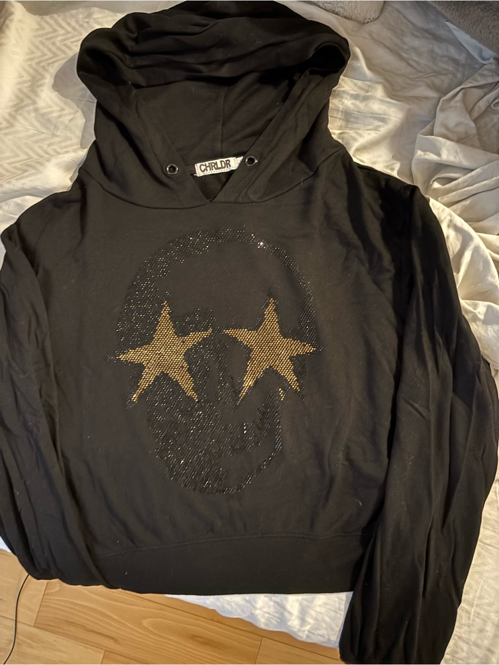 CHRLDR Black Crewneck Hoodie with Gold Star Skull Graphic
